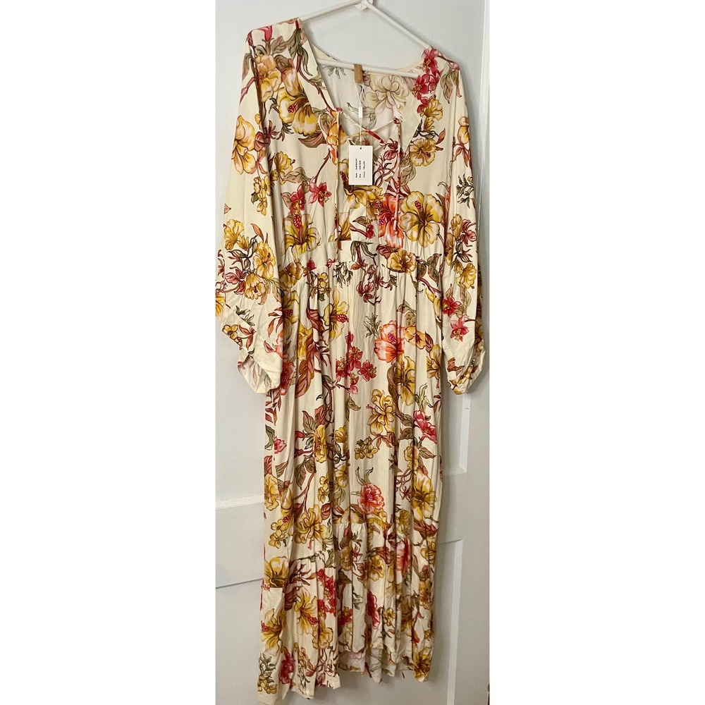 N Shore Floral Maxi Dress Womens One Size Lace Up Bohemian Beachy